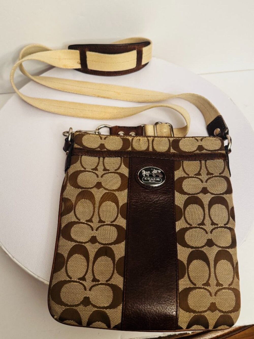 Coach Legacy Signature Logo Stripe Swingpack Crossbody Bag Khaki Brown READ